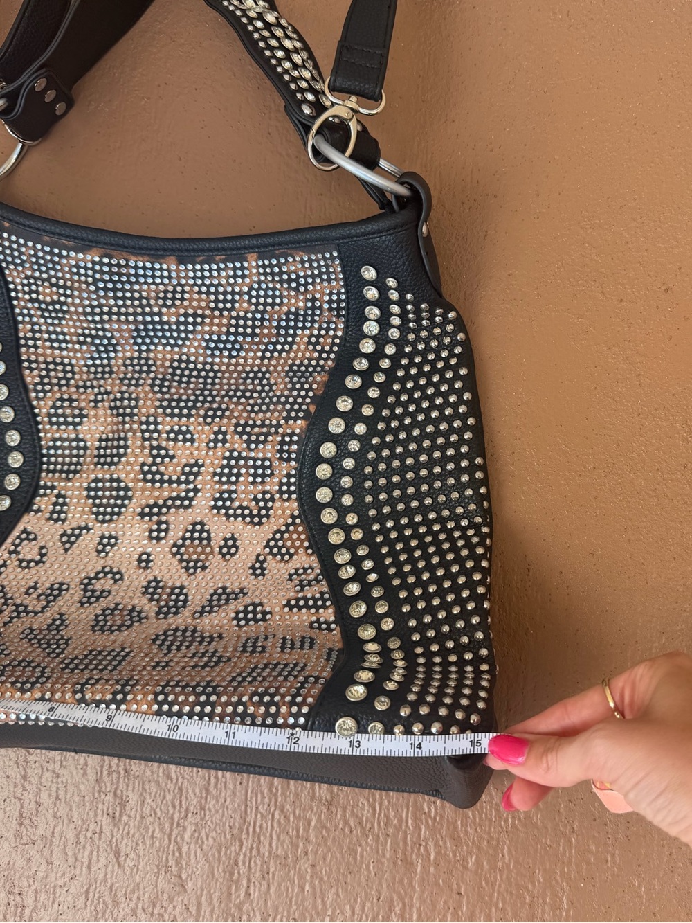 Studded Leopard Print Black Leather Bag - Picture 2 of 5
